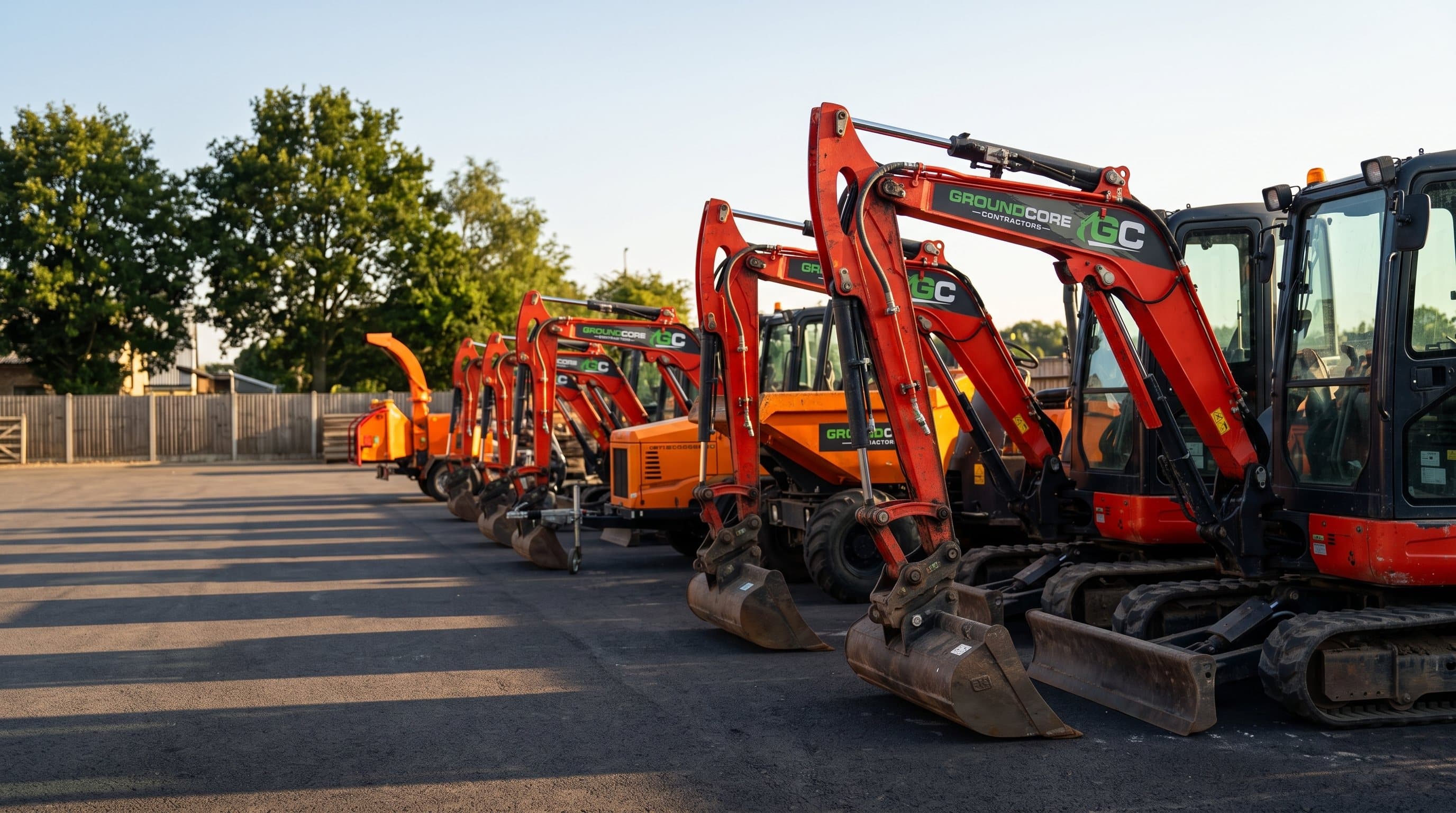 A line of GroundCore Contractors excavators, a dumper and a wood chipper in the yard